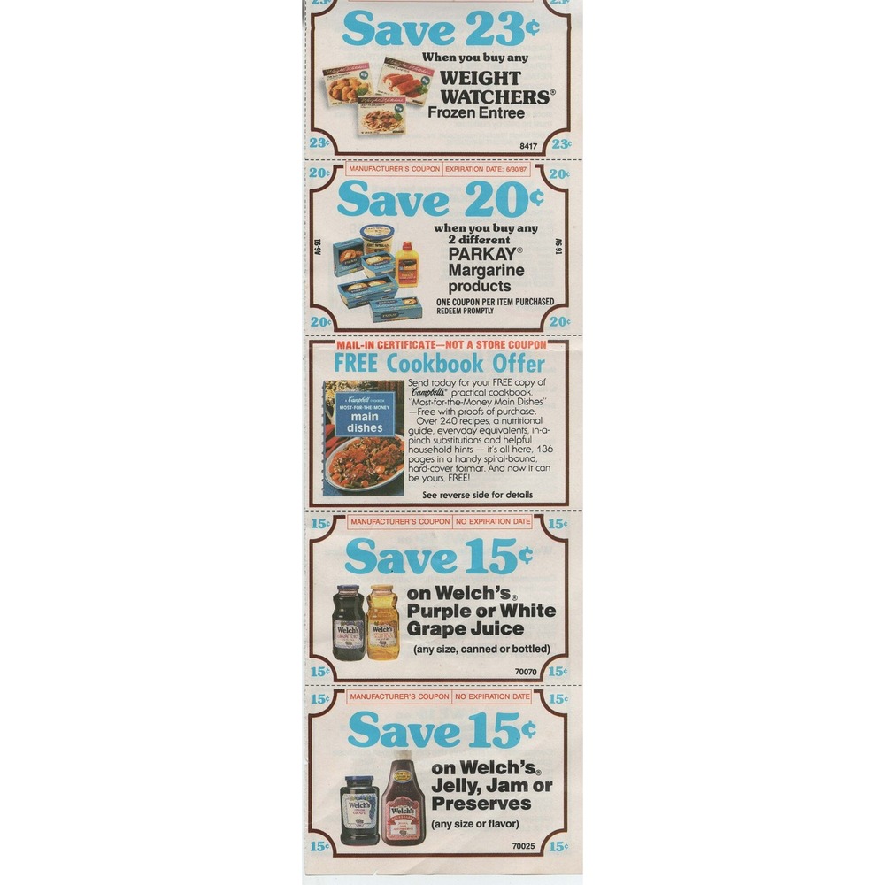 Vintage 1986-87 Grocery Coupons Welch's Parkay Campbell's No Expiration Date - Picture 1 of 2
